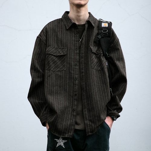 日系复古棉麻混纺条纹衬衫男长袖春季新款宽松翻领工装衬衣外套潮