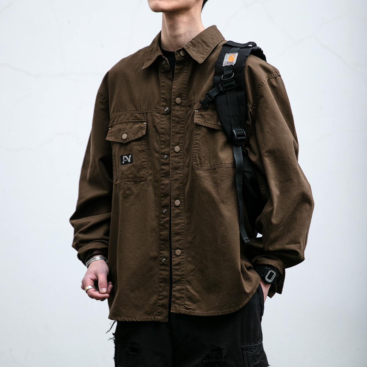 日系复古水洗质感工装衬衫男长袖宽松口袋绣标翻领衬衣休闲外套潮