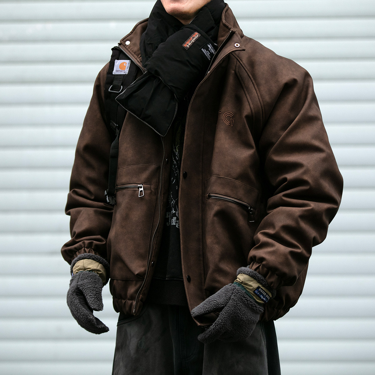 美式复古潮牌刺绣立领机车防风皮衣男士秋冬加厚棉服棉袄外套潮