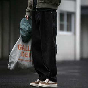 美式复古水洗做旧黑色加绒牛仔裤男冬季潮牌宽松加厚弯刀工装裤潮