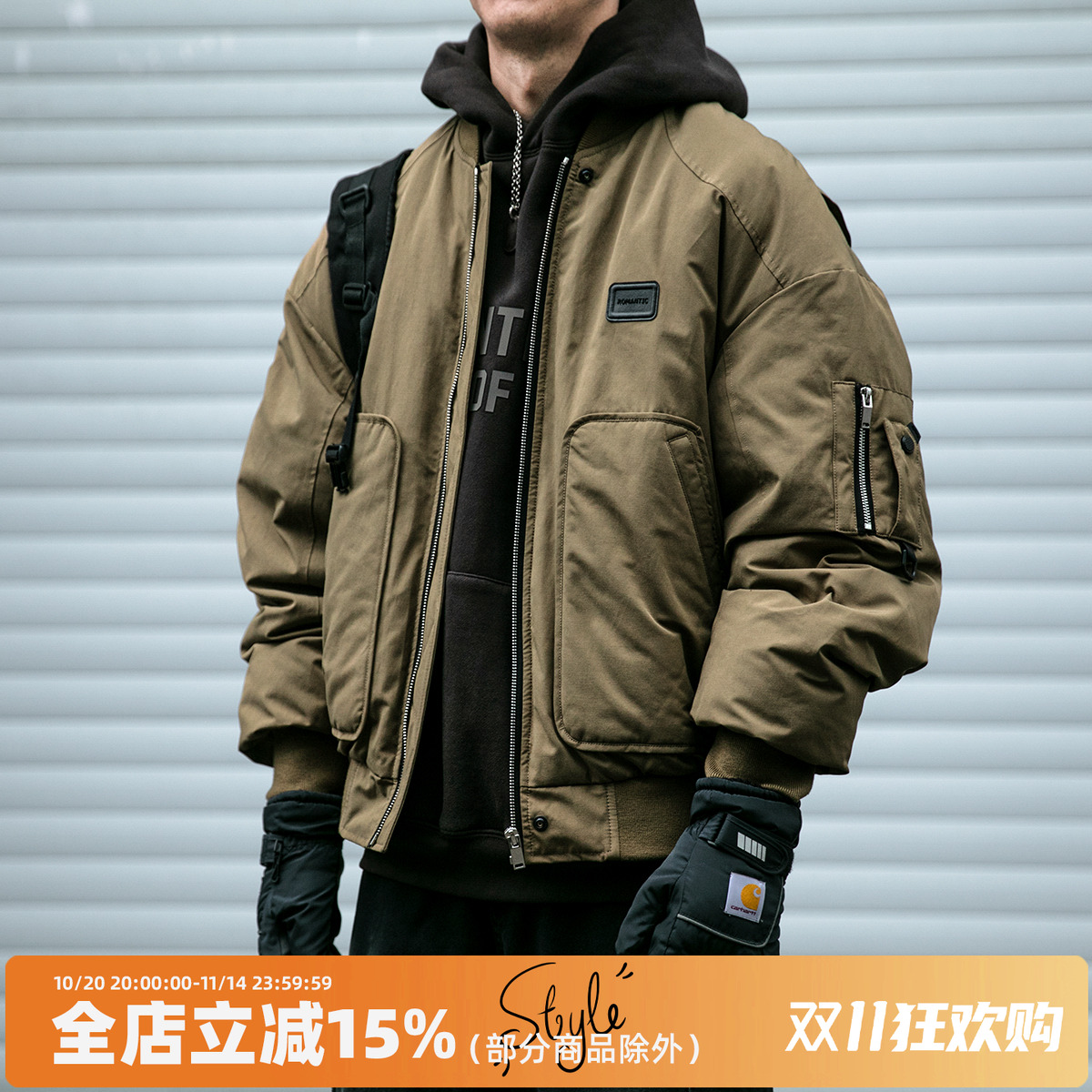 美式潮牌90白鸭绒工装飞行夹克羽绒服男冬季宽松加厚保暖短款外套