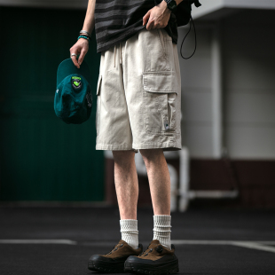 宽松质感纯棉直筒五分中裤 美式 男夏季 短裤 复古水洗做旧大口袋工装