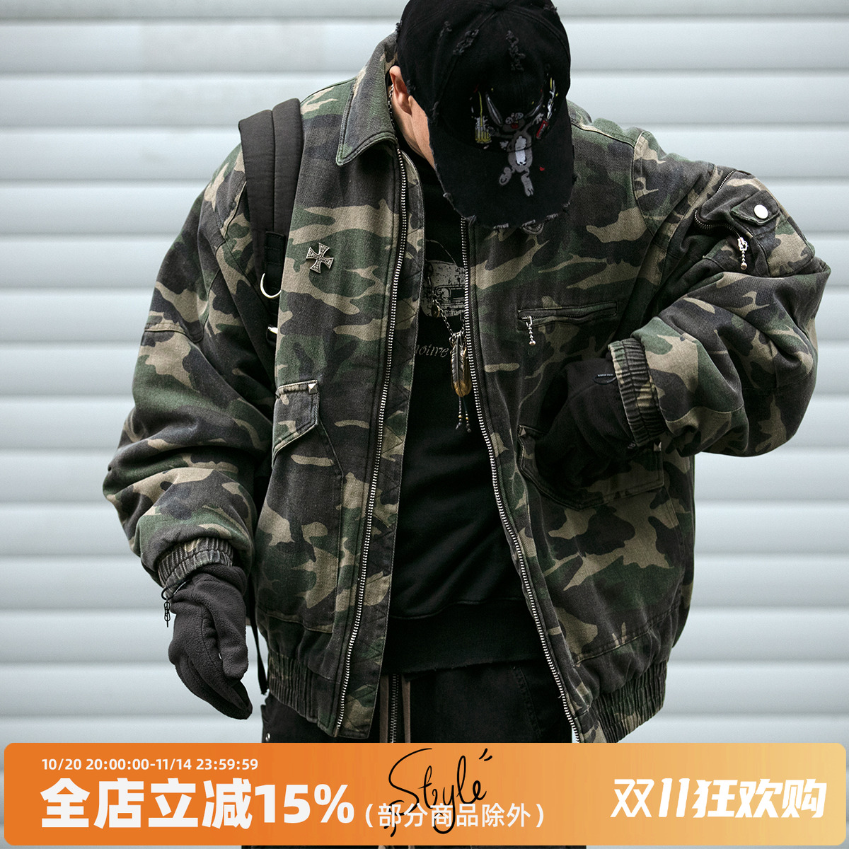 冬季复古水洗迷彩充棉Bomber宽松廓形保暖工装夹克飞行棉服外套