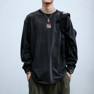 复古情侣圆领打底衫 T恤男宽松美式 上衣 水洗印花圆领长袖 春秋新款