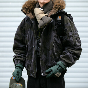 美式重工水洗做旧大毛领连帽羽绒服男冬季潮牌质感复古座山雕外套