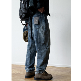男宽松vintage直筒哈伦长裤 美式 复古水洗做旧漆点折位抽绳牛仔裤