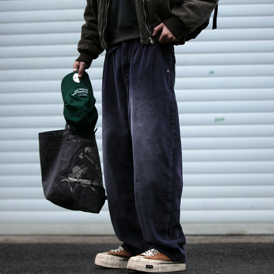 美式复古酵洗做旧喷马骝褪色灯芯绒直筒长裤男vintage法工裤潮牌