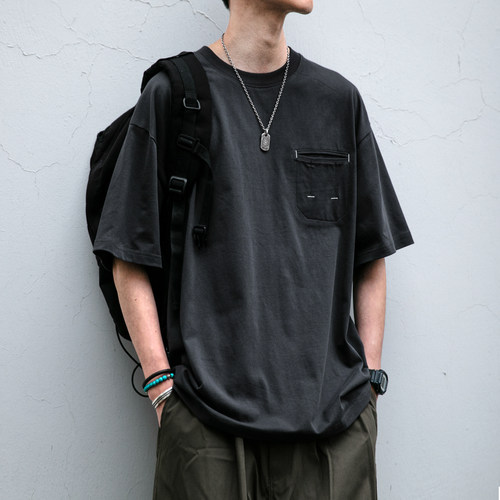 300G精梳棉重磅水洗打枣口袋短袖