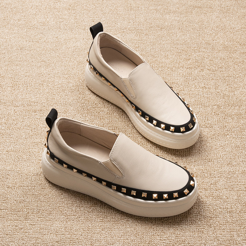 原创显高铆钉松糕鞋厚底杏色女内增高蓝色鸵鸟纹乐福鞋真皮女鞋