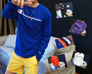 刺绣草写手臂胶印长袖 男女高端美版 t恤现货 CHAMPION冠军19款 美版