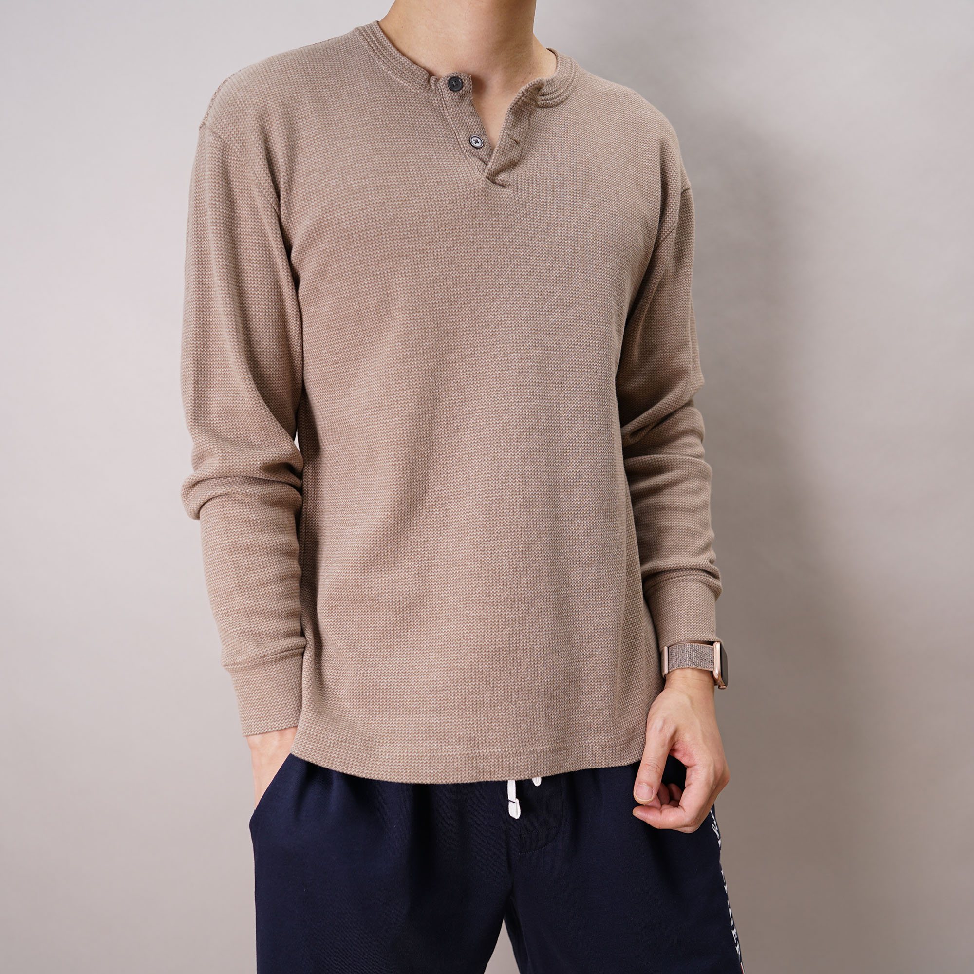 af宽松厚款亨利领长袖t恤