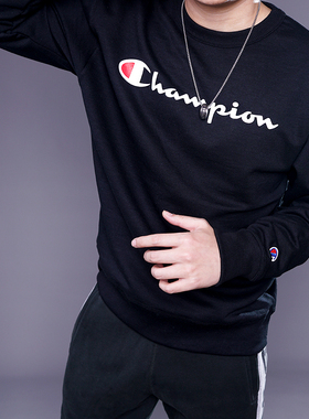 美国CHAMPION冠军草写字母新款男女情侣美版加绒圆领套头卫衣现货
