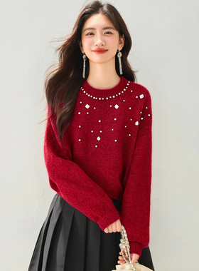 2025年法式重工钉钻高级感红色毛衣女秋冬小香风软糯慵懒风针织衫