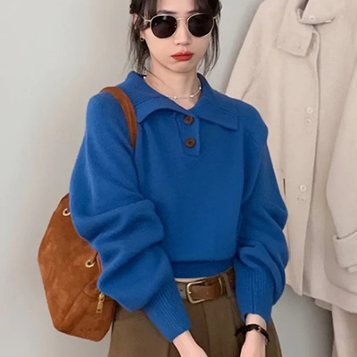 高级感蓝色翻领长袖针织打底衫女秋冬宽松短款毛衣内搭气质小上衣