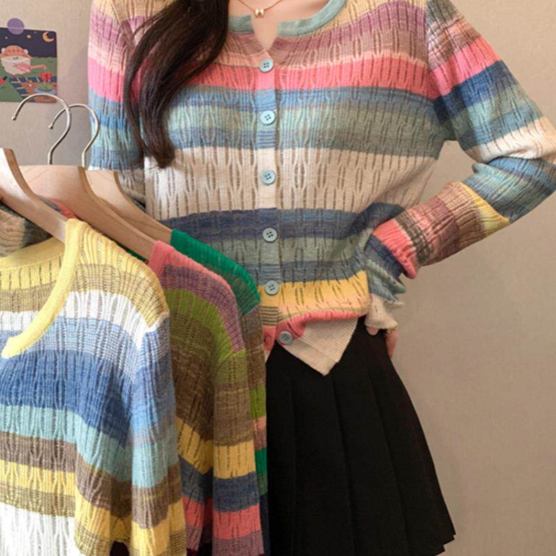 彩虹条纹长袖针织开衫上衣春秋薄款小个子短款外搭镂空毛衣外套女