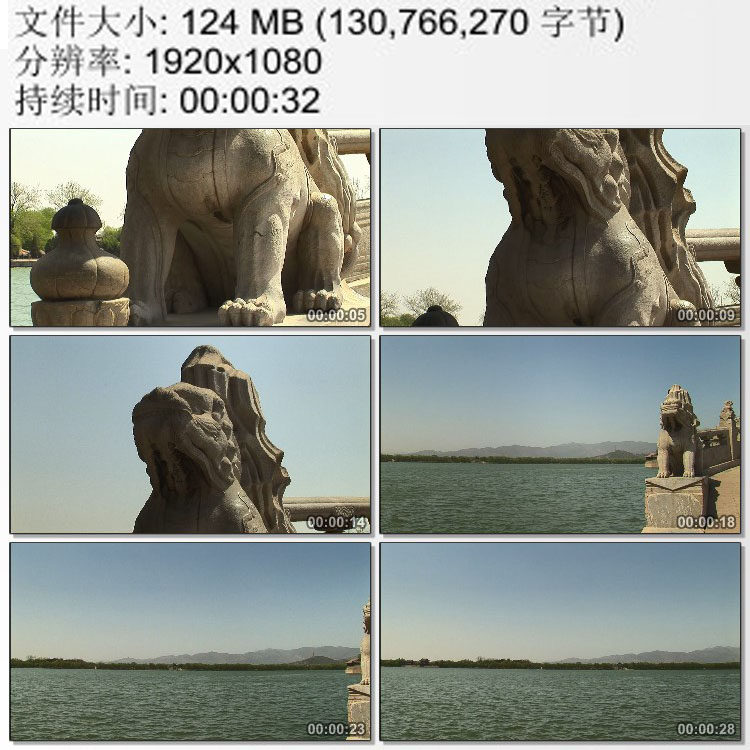 北京颐和园十七孔桥两端石刻异兽特写 昆明湖 实拍视频素材