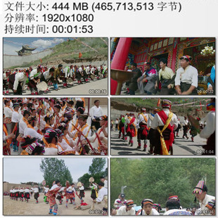 青海热贡藏族村庄祭神活动 藏民小伙子们持扇面鼓跳 实高清视频素