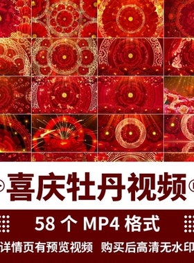 牡丹红色花纹大气喜庆中国风婚礼晚会舞台LED大屏幕背景视频素材