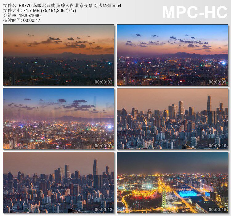 鸟瞰北京城 黄昏入夜素材 北京夜景1灯火辉煌 实拍视频素材