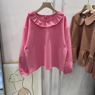 女上衣粉色棉质毛圈糖果色长袖 春秋款 宽松休闲女上衣百搭减龄T恤