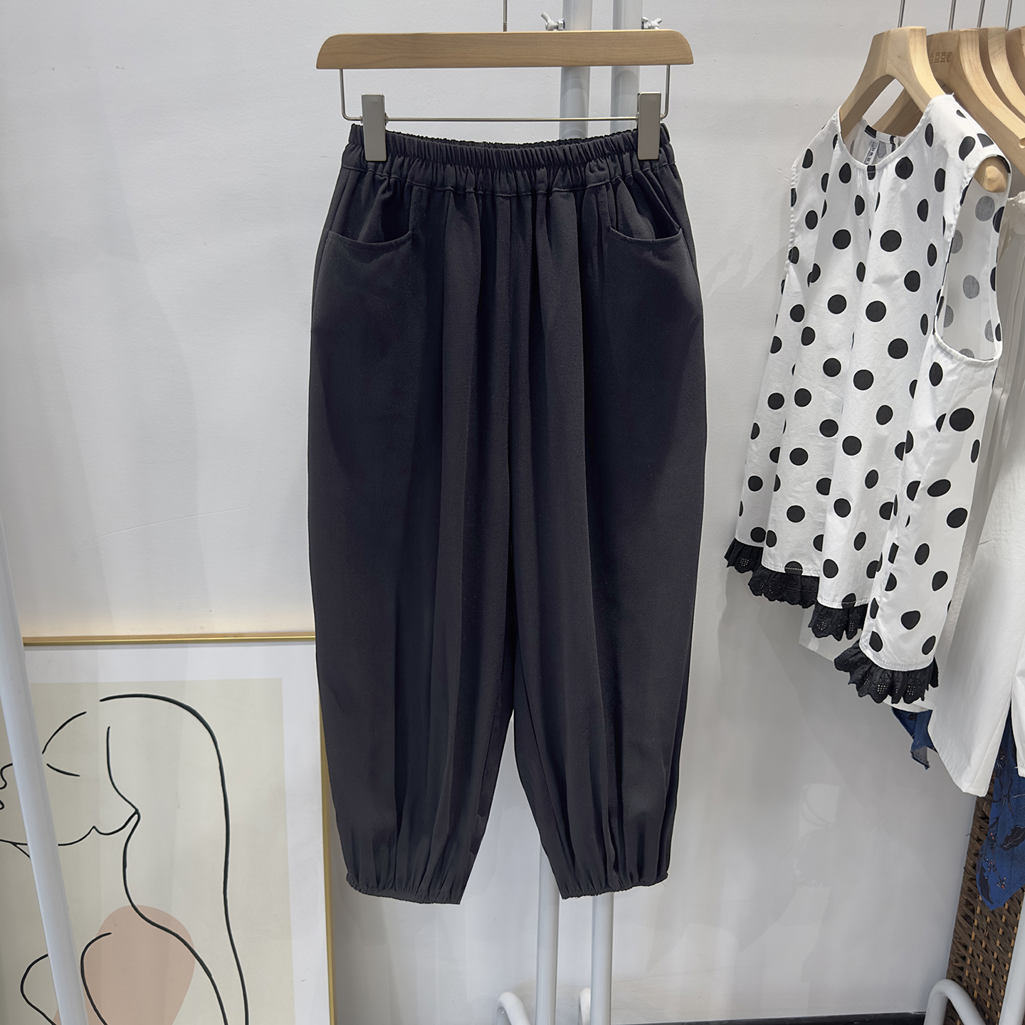 夏季新款黑色松紧腰垂感宽松哈伦裤大裆裤八分九分女裤灯笼裤纱裤