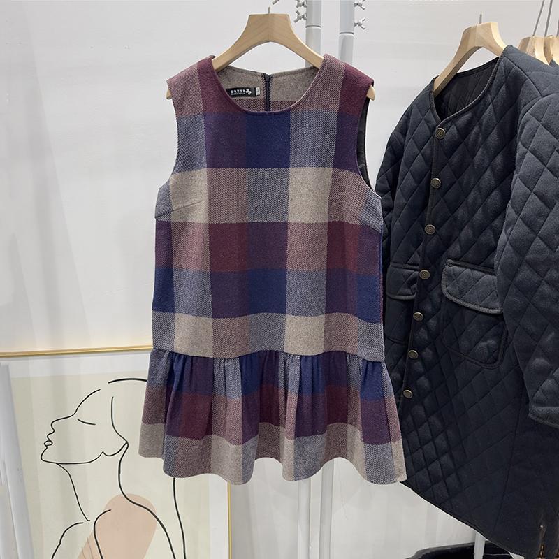 文艺百褶裙呢子格子无袖有大码