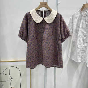 翻领大码 杏色领子碎花套头棉麻做旧复古宽松新款 短袖 上衣夏季 衬衫