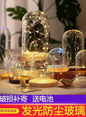 永生花玻璃罩桌面摆件居家装饰人偶手办盲盒防尘带灯发光底座