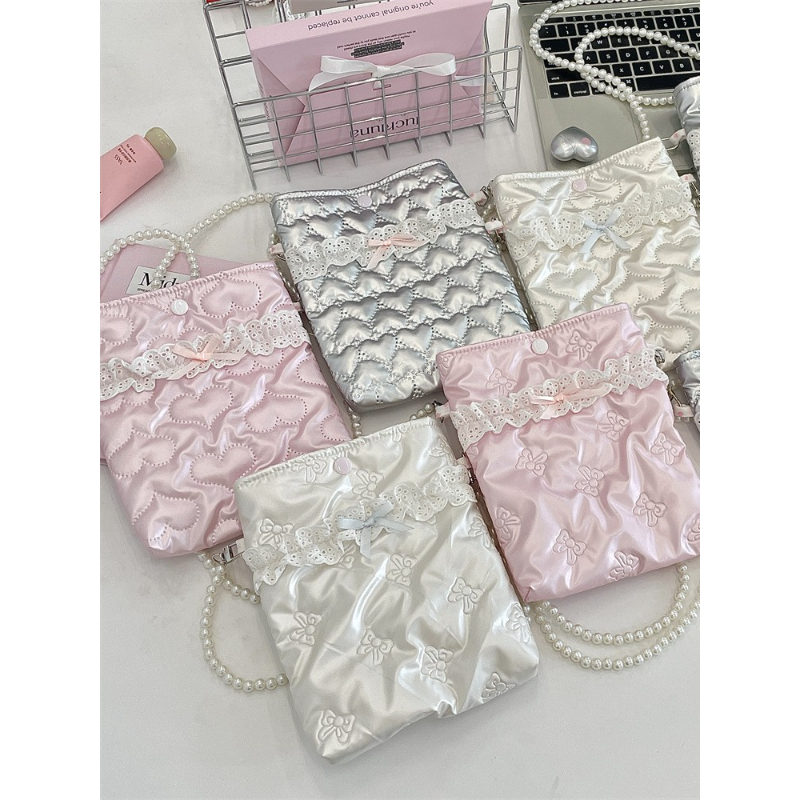 女士日常迷你pu蝴蝶结夹棉斜挎手机化妆包珍珠链条随身小包甜美