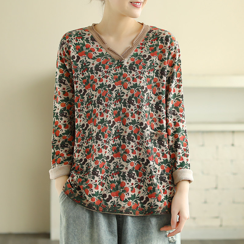 半开v领拼色棉线针织t恤衫女秋季宽松大码外穿樱桃印花口袋薄毛衣