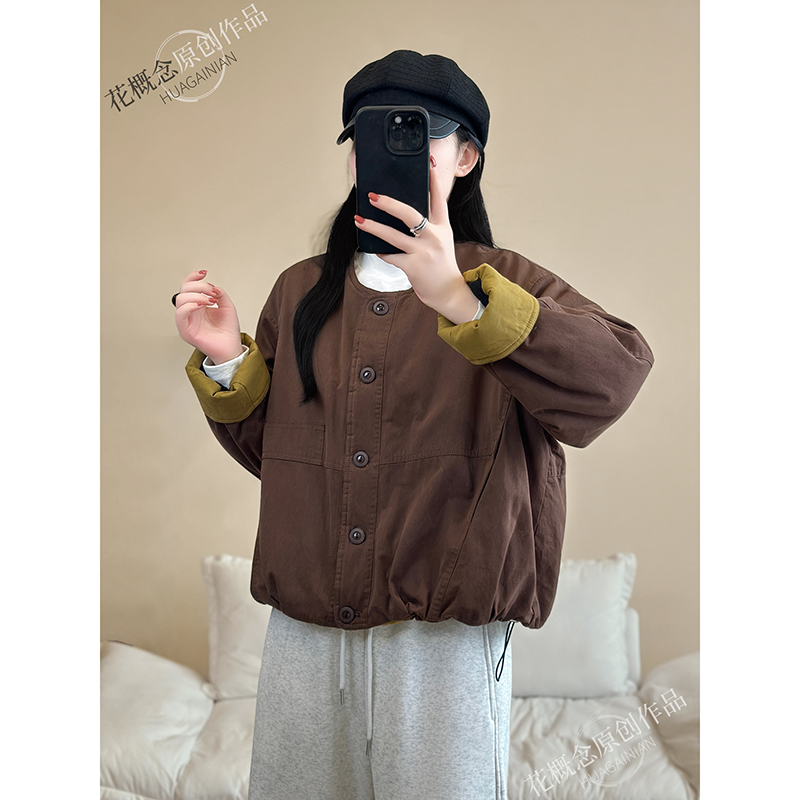 花概念经典圆领复古文艺棉服外套显瘦百搭休闲外套加厚保暖上衣