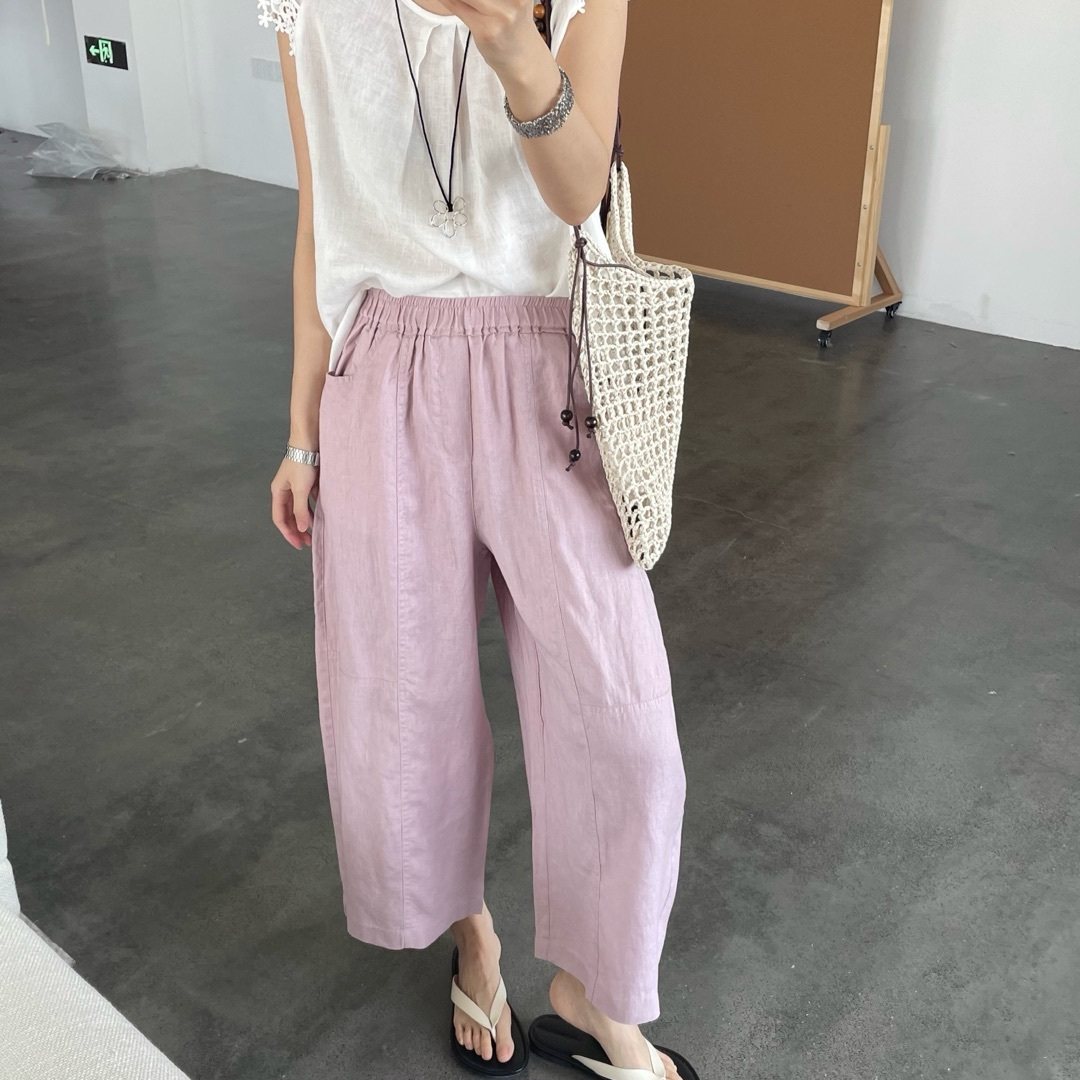 花概念松紧腰阔腿裤女夏季新款粉色显瘦慵懒风休闲长裤,女装/女士精品,休闲裤,淘宝优惠券,粉丝福利购,淘宝优惠卷