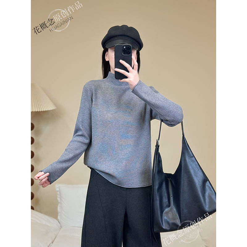 花概念高级感纯色半高领毛衣秋冬慵懒卷边软糯竖坑条针织显瘦上衣