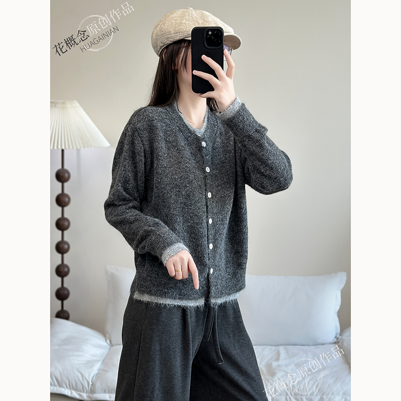 花概念圆领纯色开衫针织衫