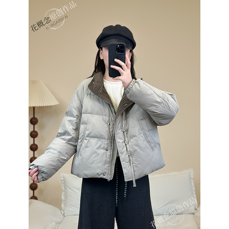 花概念韩系翻领短款发财扣设计款羽绒服高级感加厚撞色面包服外套