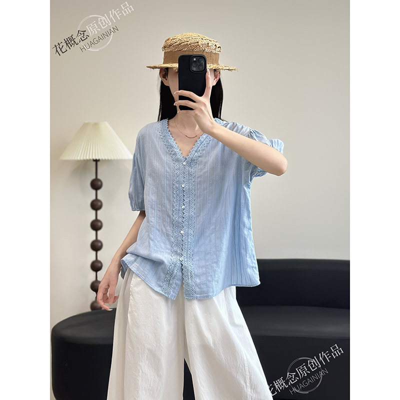 法式复古蕾丝拼接V领泡泡袖衬衫