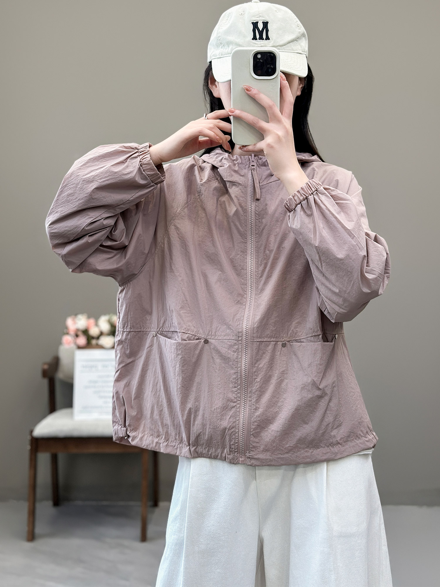 花概念纯色连帽冲锋衣外套