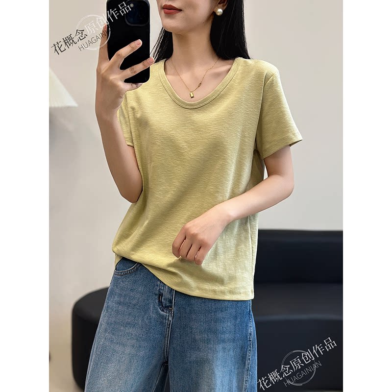 花概念棉系列圆领V领双线T恤春季休闲风亲肤简约纯色短袖女装