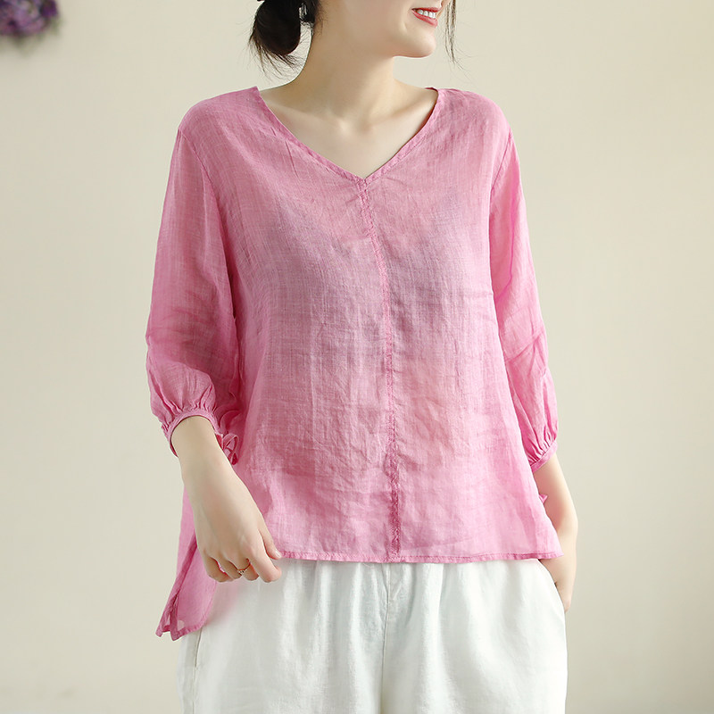 v领套头七分袖棉麻t恤衫女薄款透气宽松显瘦纯色百搭休闲苎麻上衣