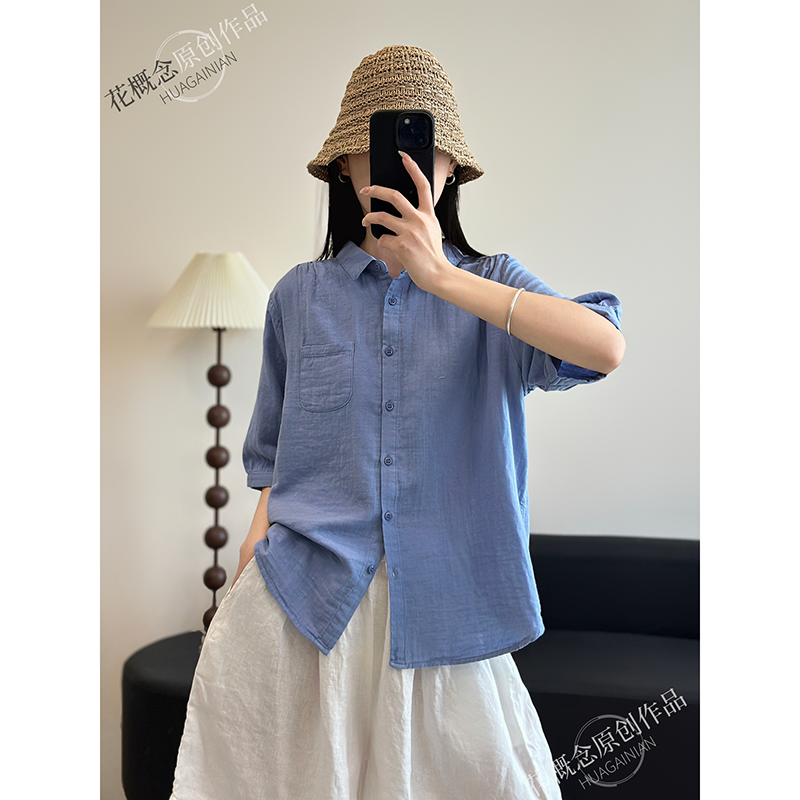 花概念夏季文艺双层棉纱衬衫翻领百搭显瘦新疆100棉短袖上衣开衫