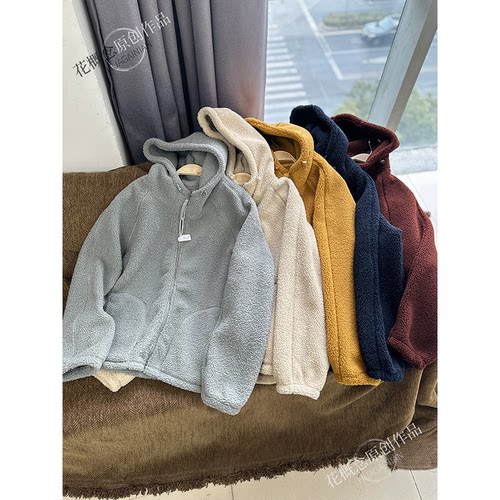 花概念连帽羊羔毛外套冬季加厚皮毛一体保暖长袖上衣韩版简约休闲