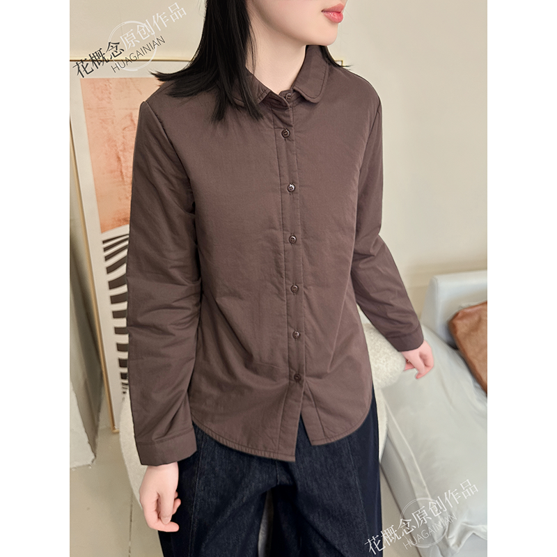 花概念韩版通勤翻领长袖夹棉衬衫女洋气保暖单排扣简约外套上衣