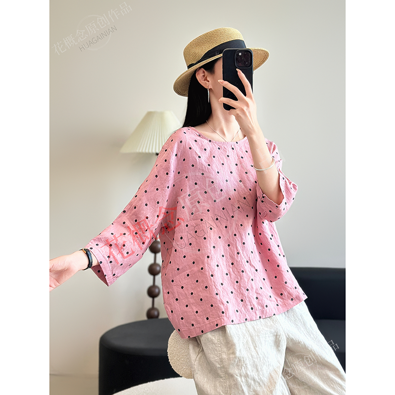 花概念日系波点亚麻套头上衣夏季凉感经典圆领宽松显瘦中袖小衫女