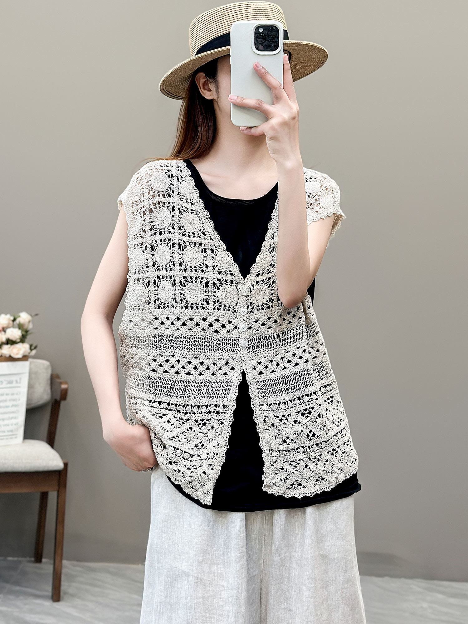 花概念复古森系文艺风镂空钩花开衫马甲夏季气质百搭无袖背心坎肩