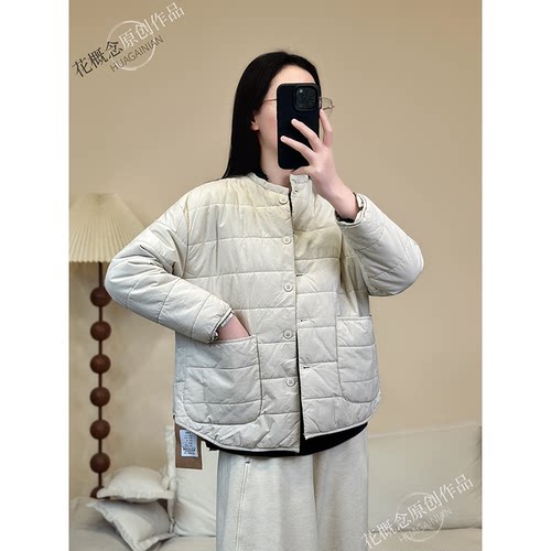 花概念立领复古双口袋夹棉棉服高品质纯色百搭加厚显瘦外套棉袄