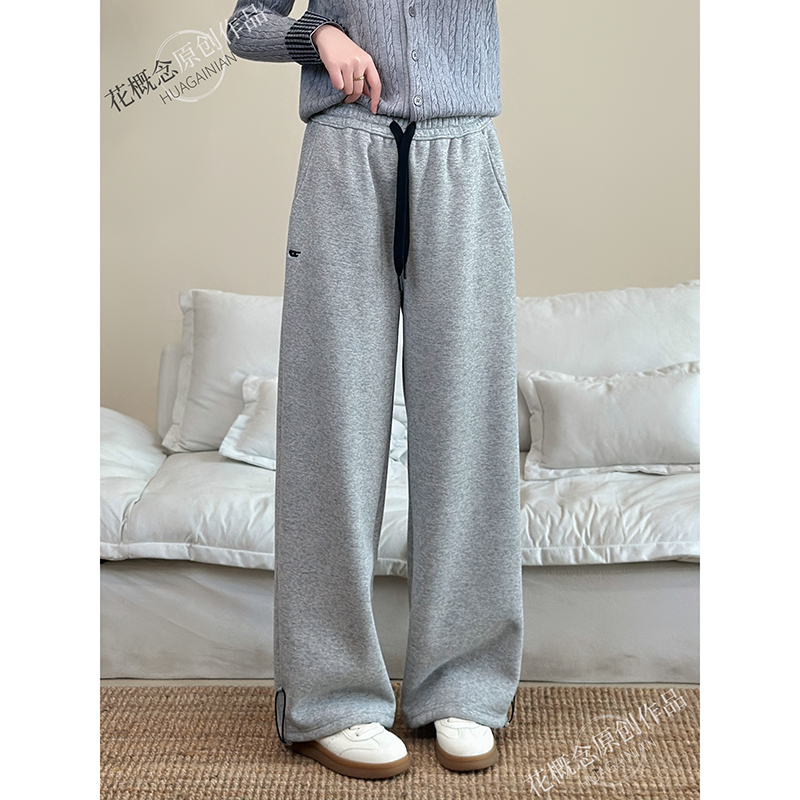 花概念高克重加绒窄版垂感弯刀裤高腰时尚刺绣字母阔腿卫裤