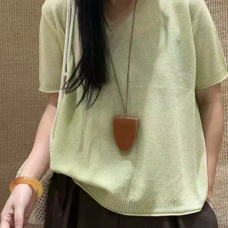 花概念V领亚麻针织纯色短袖上衣女士温柔风简约韩系糖果色减龄T恤