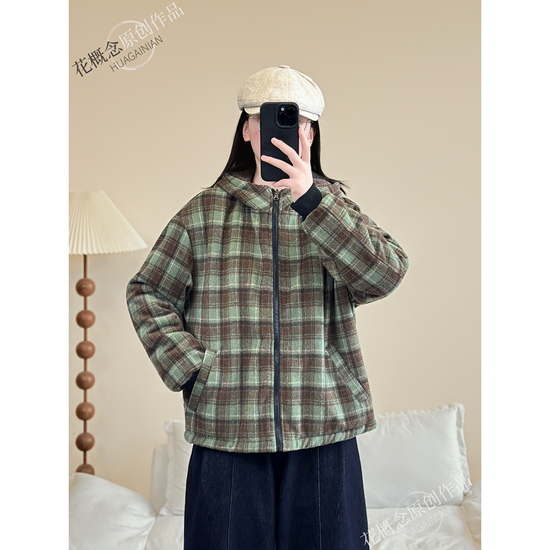 花概念毛呢格子两面穿重工外套高克重厚实保暖冬季抗风上衣休闲风