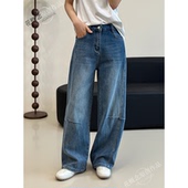时尚 长裤 潮流春季 显瘦休闲风女式 宽松长裤 花概念弯刀阔腿牛仔裤