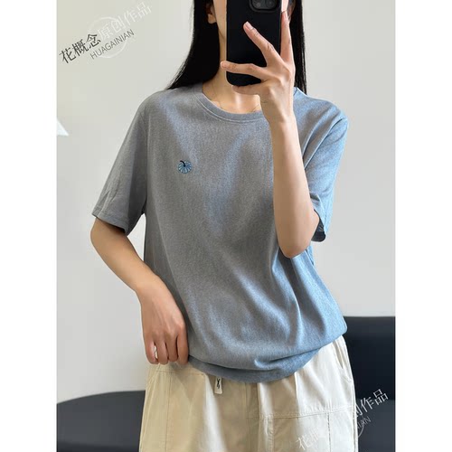 花概念极简风麻感棉刺绣短袖T恤女夏季圆领百搭显瘦凉感上衣